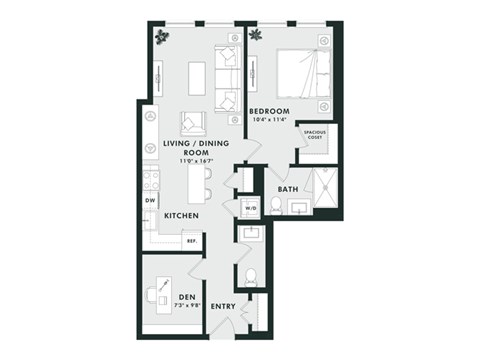 Floor plan for 1 bed, 1 bath, 839 sqft